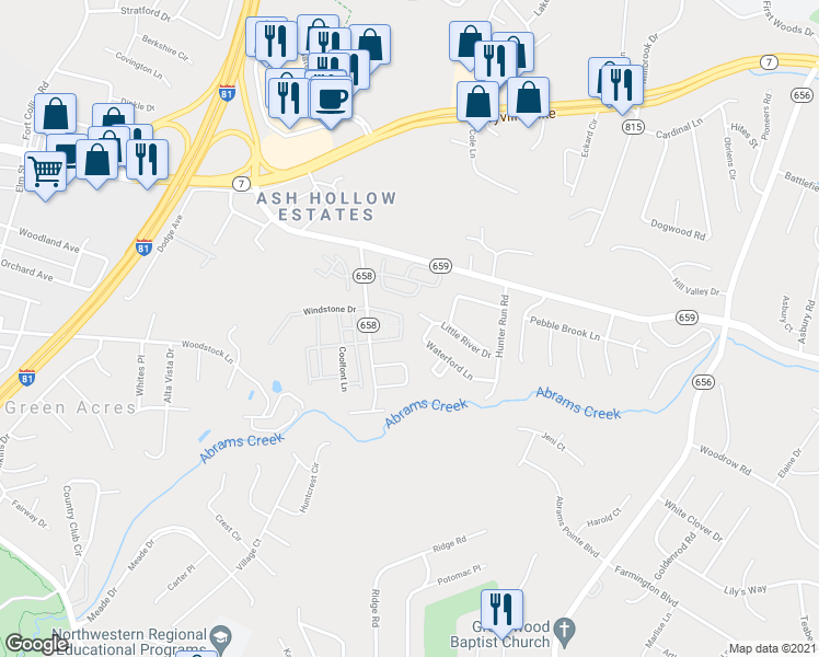 map of restaurants, bars, coffee shops, grocery stores, and more near 213 Copperfield Lane in Winchester
