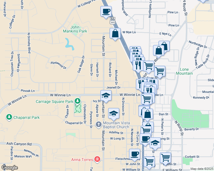 map of restaurants, bars, coffee shops, grocery stores, and more near 704 Jeanell Drive in Carson City