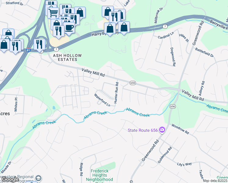 map of restaurants, bars, coffee shops, grocery stores, and more near 214 Hunter Run Road in Winchester