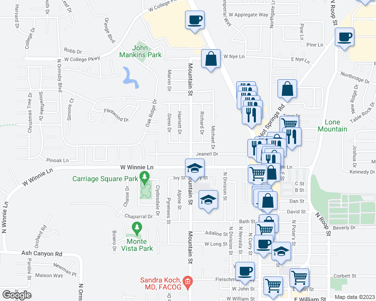 map of restaurants, bars, coffee shops, grocery stores, and more near 2100 North Mountain Street in Carson City