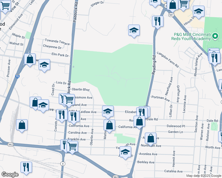 map of restaurants, bars, coffee shops, grocery stores, and more near 5168 Reading Rd in Cincinnati