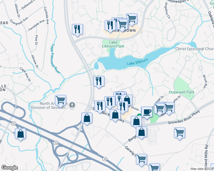 map of restaurants, bars, coffee shops, grocery stores, and more near 7259 Steamerbell Row in Columbia