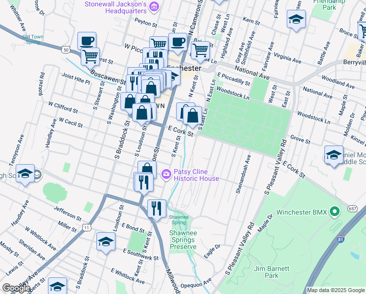 map of restaurants, bars, coffee shops, grocery stores, and more near 213 East Clifford Street in Winchester