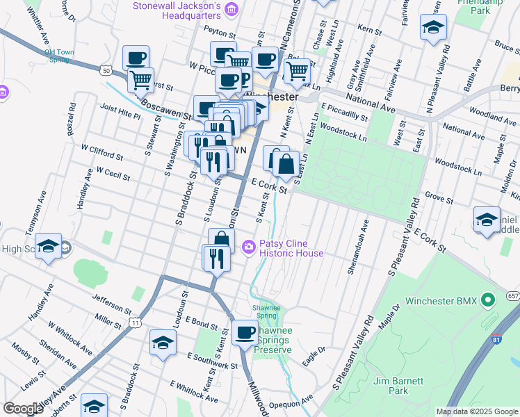 map of restaurants, bars, coffee shops, grocery stores, and more near 316 South Kent Street in Winchester
