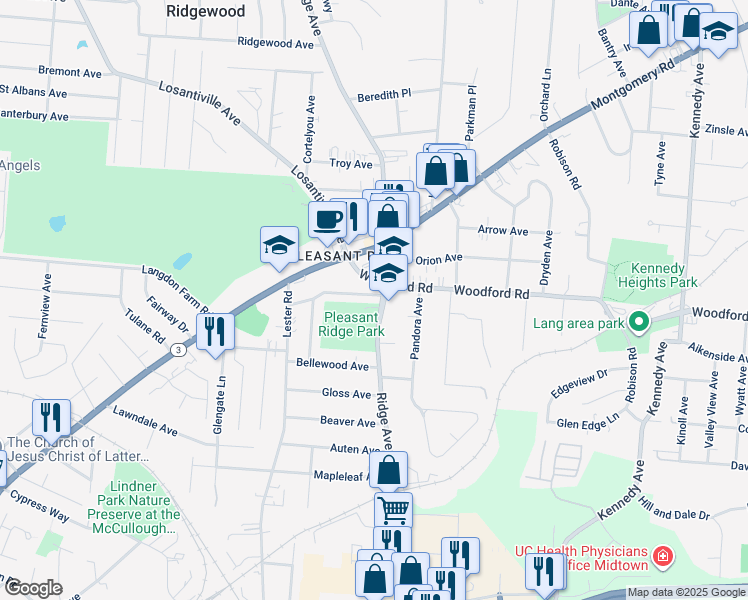 map of restaurants, bars, coffee shops, grocery stores, and more near 5927 Ridge Avenue in Cincinnati