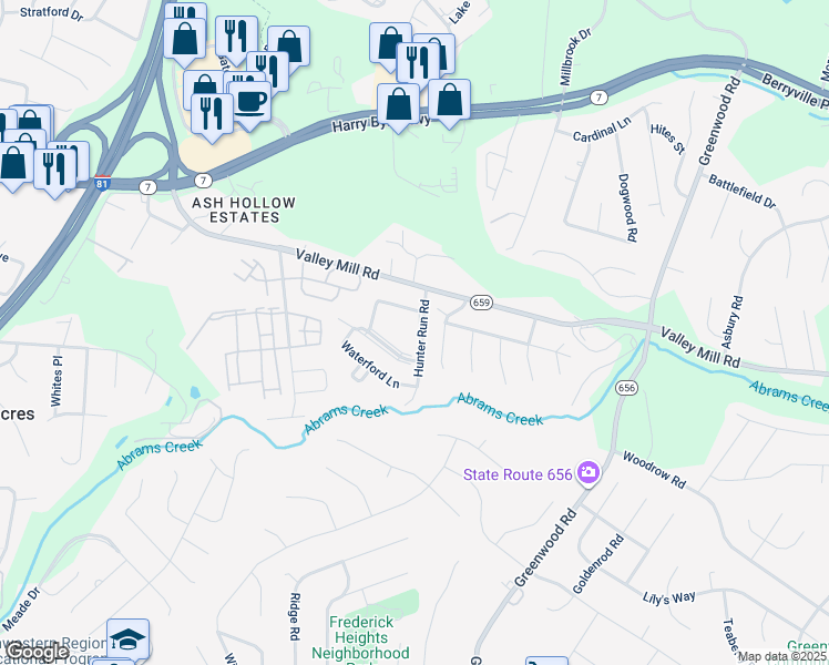 map of restaurants, bars, coffee shops, grocery stores, and more near 214 Hunter Run Road in Winchester