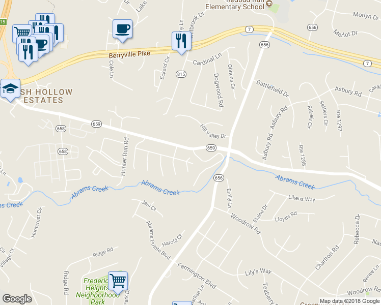map of restaurants, bars, coffee shops, grocery stores, and more near 105 Van Buren Court in Winchester