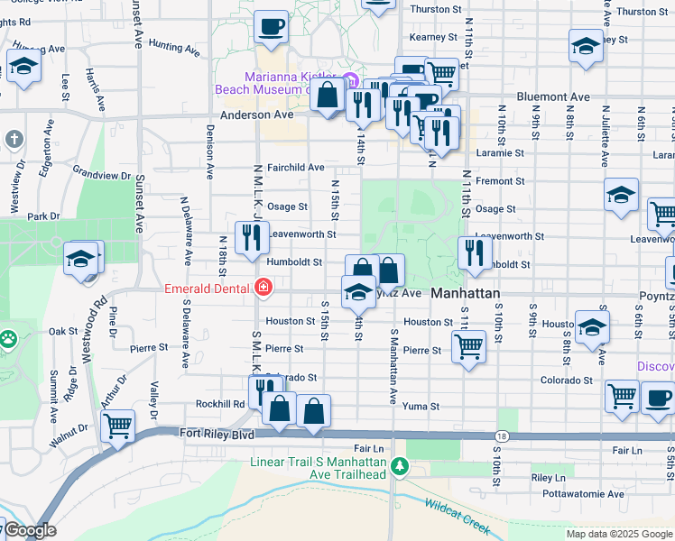 map of restaurants, bars, coffee shops, grocery stores, and more near 1406 Poyntz Avenue in Manhattan