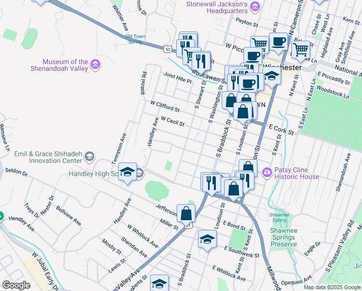 map of restaurants, bars, coffee shops, grocery stores, and more near 515 South Stewart Street in Winchester
