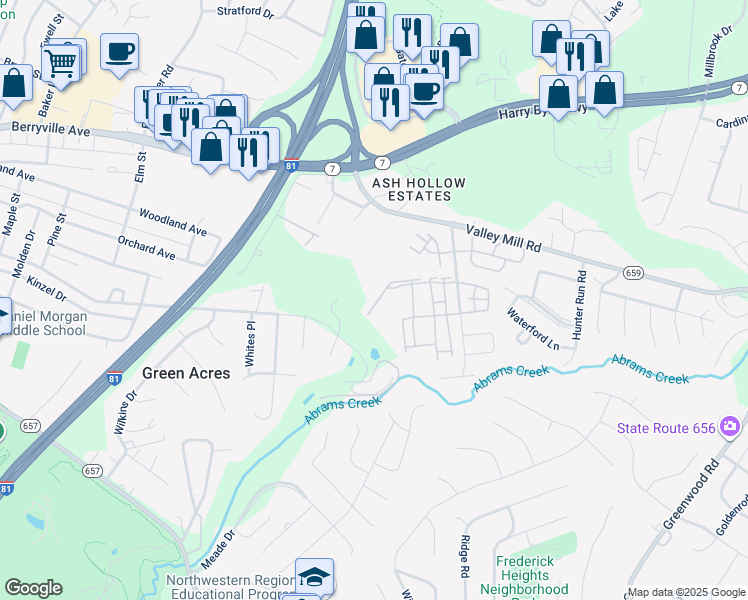 map of restaurants, bars, coffee shops, grocery stores, and more near 122 Whirlwind Drive in Winchester