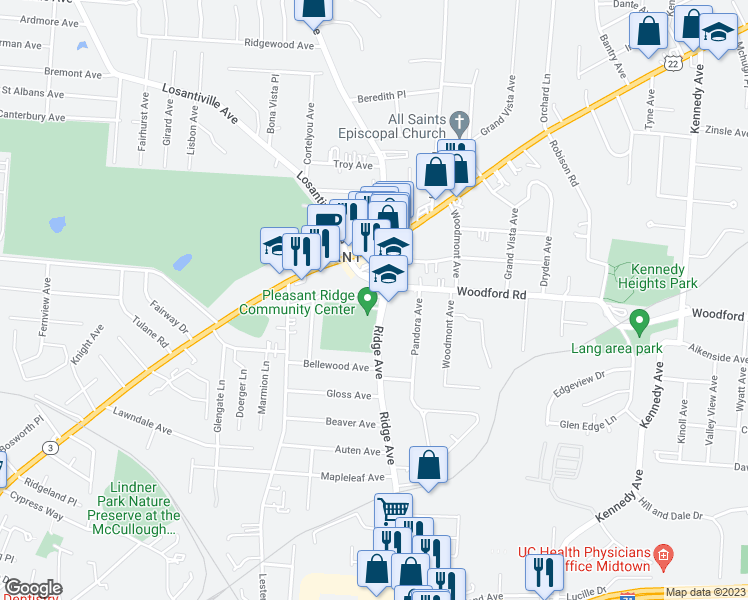 map of restaurants, bars, coffee shops, grocery stores, and more near 5927 Ridge Avenue in Cincinnati