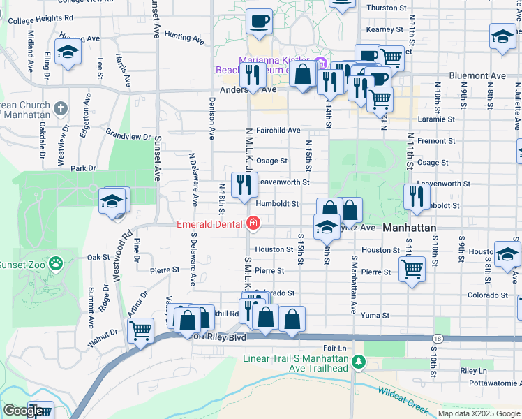 map of restaurants, bars, coffee shops, grocery stores, and more near 1604 Poyntz Avenue in Manhattan