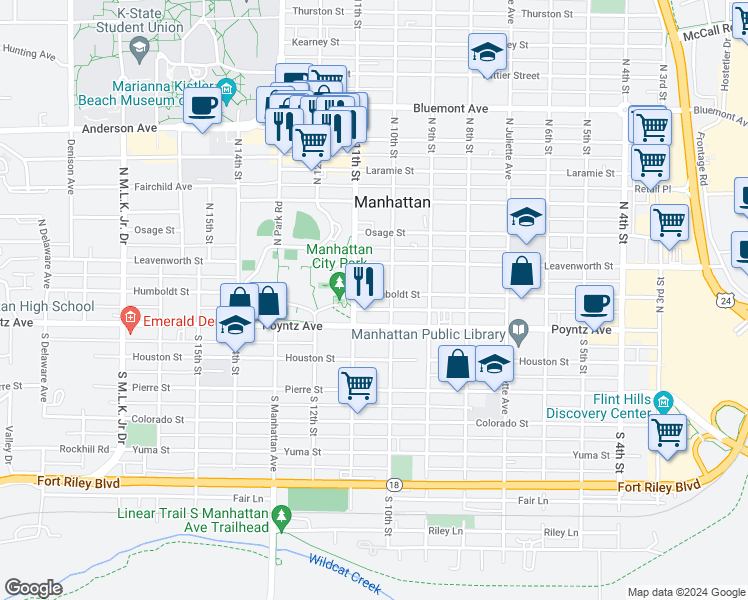 map of restaurants, bars, coffee shops, grocery stores, and more near 1015 Humboldt Street in Manhattan