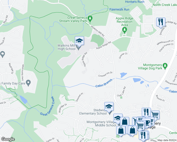 map of restaurants, bars, coffee shops, grocery stores, and more near 10502 Apple Ridge Road in Gaithersburg