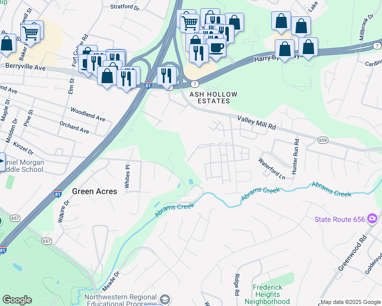 map of restaurants, bars, coffee shops, grocery stores, and more near 120 Whirlwind Drive in Winchester