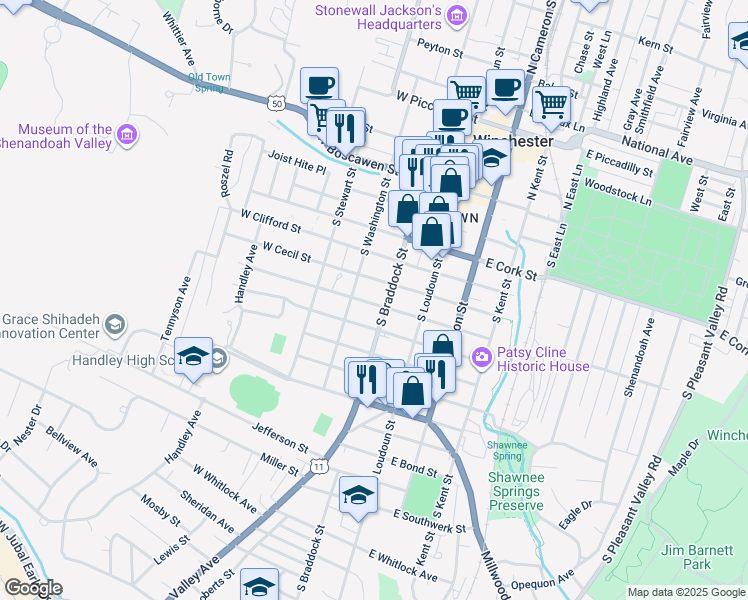 map of restaurants, bars, coffee shops, grocery stores, and more near 110 West Leicester Street in Winchester