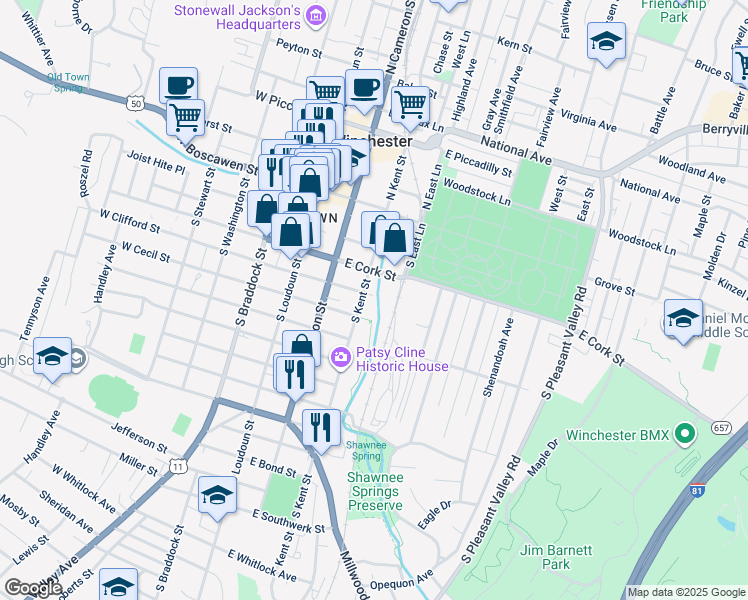 map of restaurants, bars, coffee shops, grocery stores, and more near 213 East Clifford Street in Winchester