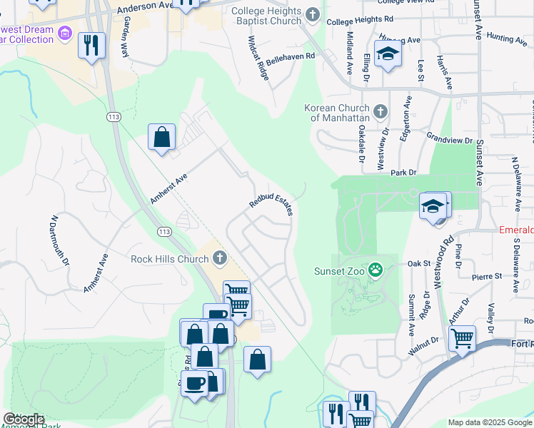 map of restaurants, bars, coffee shops, grocery stores, and more near 2500 Farm Bureau Road in Manhattan