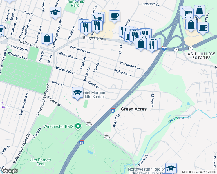 map of restaurants, bars, coffee shops, grocery stores, and more near 1002 Kinzel Drive in Winchester