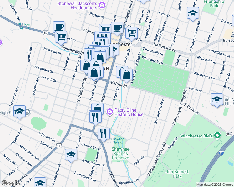 map of restaurants, bars, coffee shops, grocery stores, and more near 316 South Kent Street in Winchester