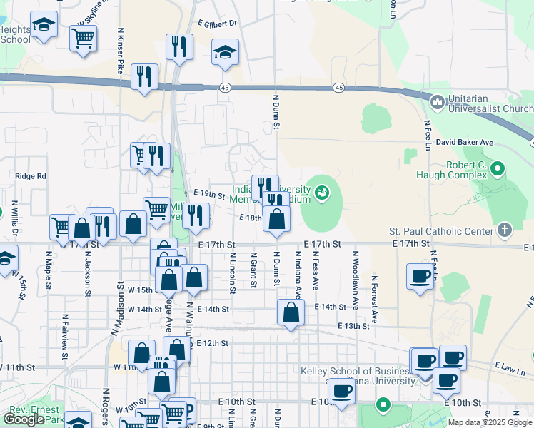 map of restaurants, bars, coffee shops, grocery stores, and more near 1425 North Dunn Street in Bloomington