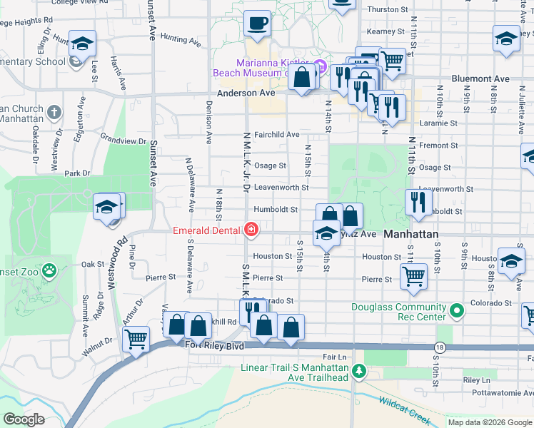 map of restaurants, bars, coffee shops, grocery stores, and more near 1604 Poyntz Avenue in Manhattan