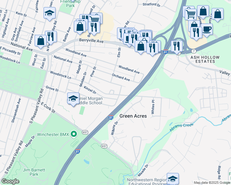 map of restaurants, bars, coffee shops, grocery stores, and more near 1056 Woodstock Lane in Winchester