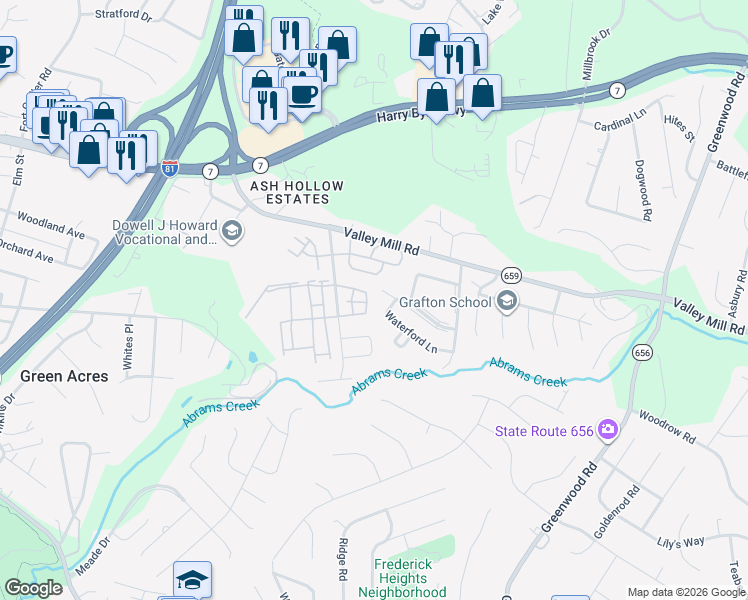 map of restaurants, bars, coffee shops, grocery stores, and more near 308 Copperfield Lane in Winchester