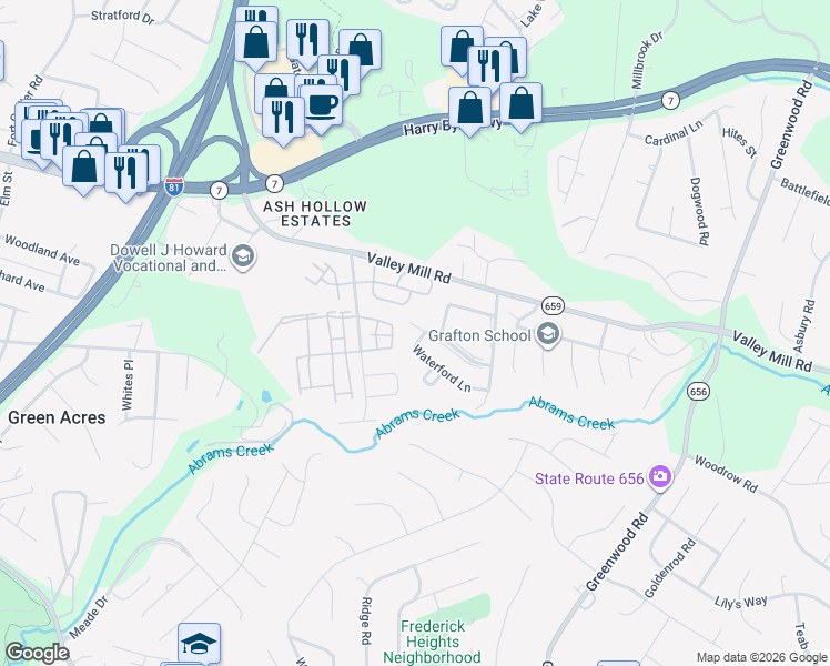 map of restaurants, bars, coffee shops, grocery stores, and more near 258 Waterford Lane in Winchester