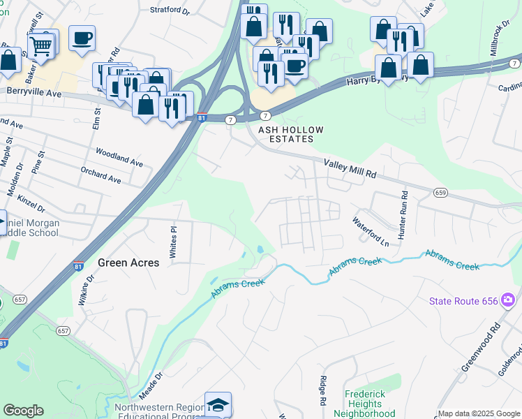 map of restaurants, bars, coffee shops, grocery stores, and more near 118 Whirlwind Drive in Winchester