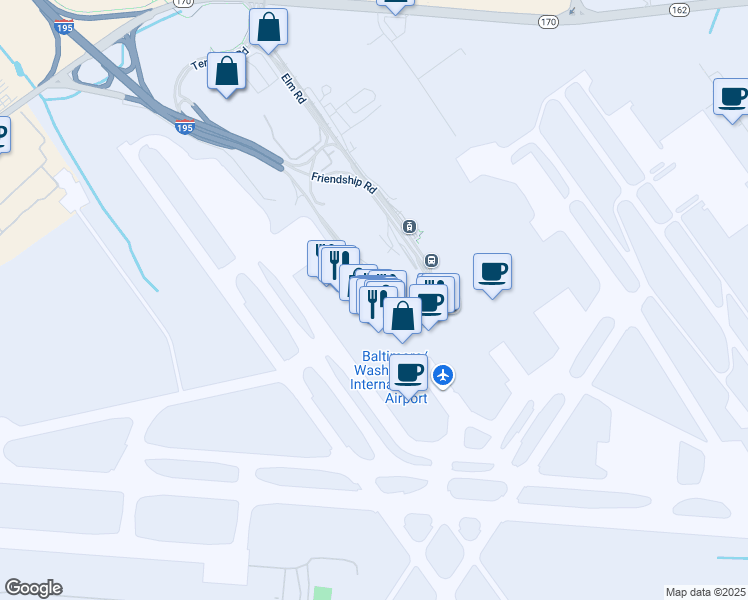 map of restaurants, bars, coffee shops, grocery stores, and more near 7050 Friendship Road in Baltimore