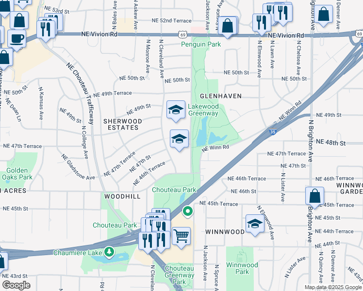map of restaurants, bars, coffee shops, grocery stores, and more near 4624 North Norton Avenue in Kansas City