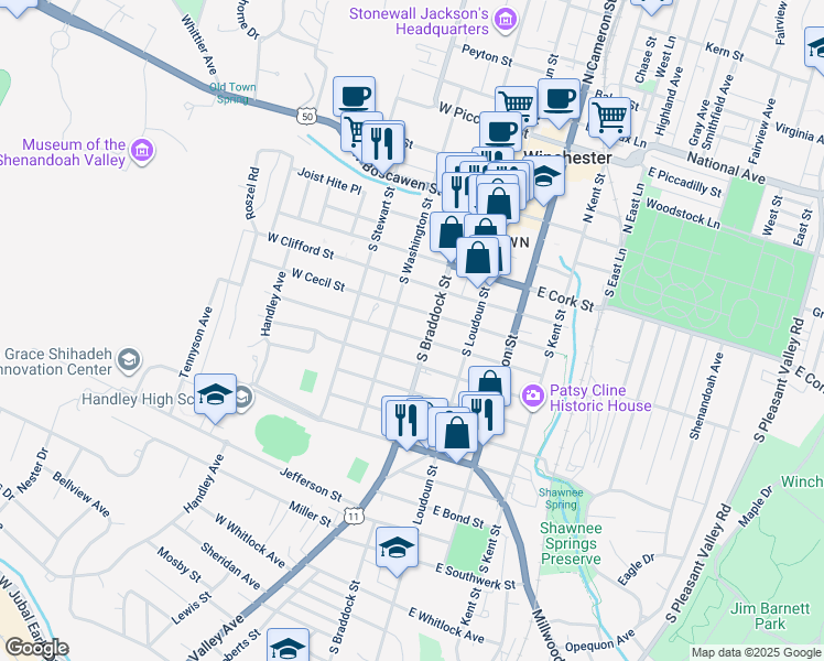 map of restaurants, bars, coffee shops, grocery stores, and more near 112 West Leicester Street in Winchester