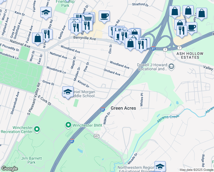 map of restaurants, bars, coffee shops, grocery stores, and more near 1032 Allen Drive in Winchester