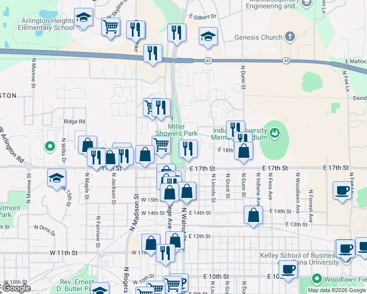 map of restaurants, bars, coffee shops, grocery stores, and more near in Bloomington