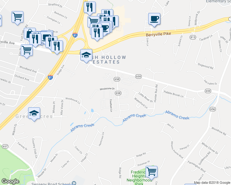map of restaurants, bars, coffee shops, grocery stores, and more near 109 Trade Wind Lane in Winchester