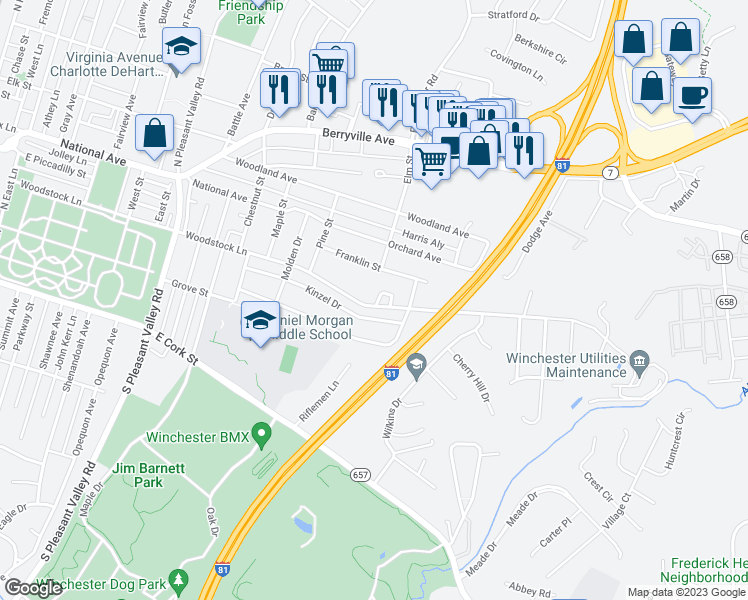 map of restaurants, bars, coffee shops, grocery stores, and more near 1002 Woodstock Lane in Winchester
