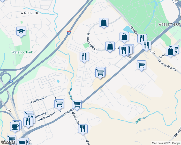 map of restaurants, bars, coffee shops, grocery stores, and more near 7806 Richard Halley Way in Elkridge