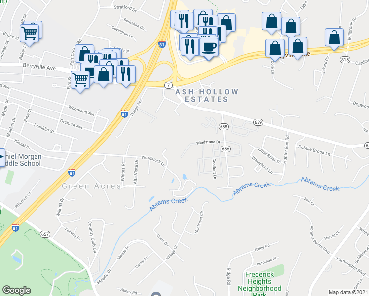 map of restaurants, bars, coffee shops, grocery stores, and more near 118 Whirlwind Drive in Winchester