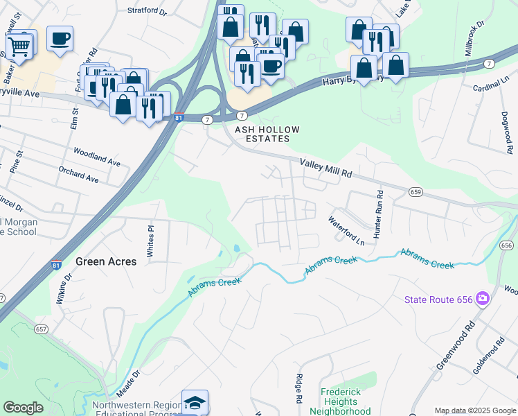 map of restaurants, bars, coffee shops, grocery stores, and more near 106 Scirocco Lane in Winchester
