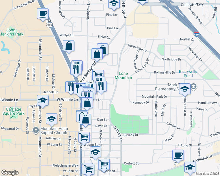 map of restaurants, bars, coffee shops, grocery stores, and more near 2021 Lone Mountain Drive in Carson City