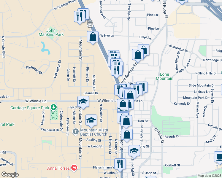 map of restaurants, bars, coffee shops, grocery stores, and more near 251 Jeanell Drive in Carson City