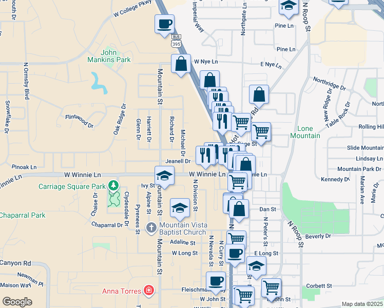 map of restaurants, bars, coffee shops, grocery stores, and more near 509 Jeanell Drive in Carson City