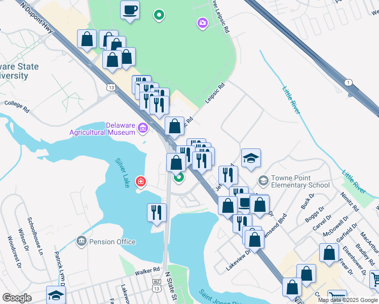 map of restaurants, bars, coffee shops, grocery stores, and more near 737 U.S. 13 in Dover
