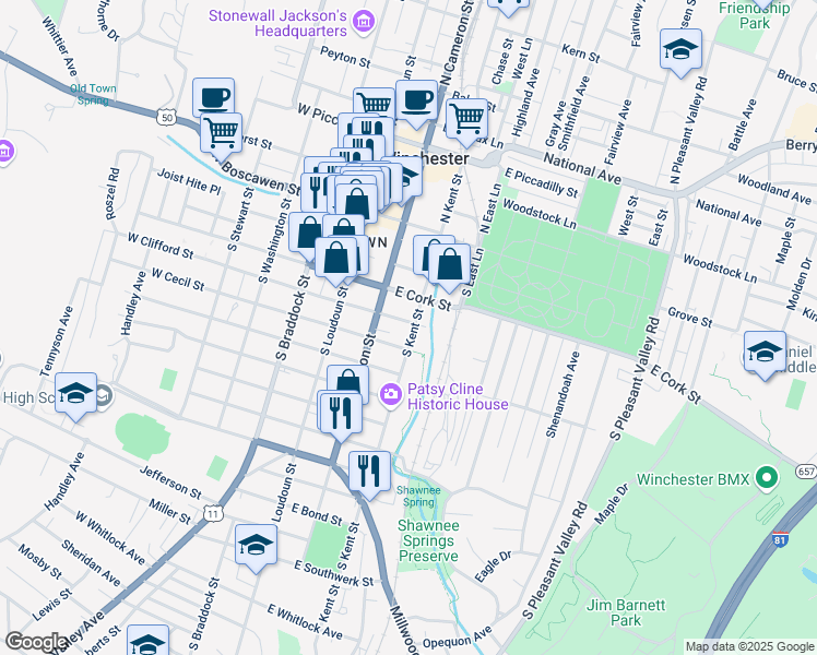 map of restaurants, bars, coffee shops, grocery stores, and more near 316 South Kent Street in Winchester
