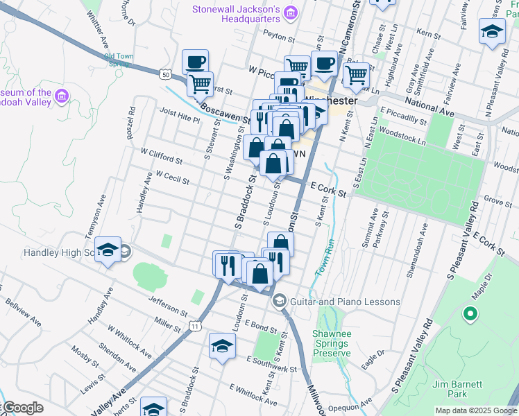 map of restaurants, bars, coffee shops, grocery stores, and more near 12 West Leicester Street in Winchester