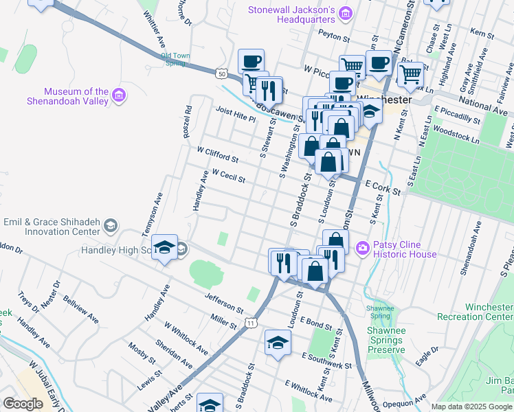 map of restaurants, bars, coffee shops, grocery stores, and more near 521 South Washington Street in Winchester