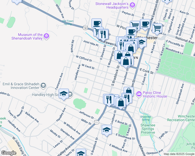 map of restaurants, bars, coffee shops, grocery stores, and more near 521 South Washington Street in Winchester