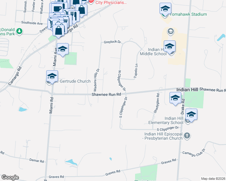 map of restaurants, bars, coffee shops, grocery stores, and more near 6485 Hunters Trail in Cincinnati
