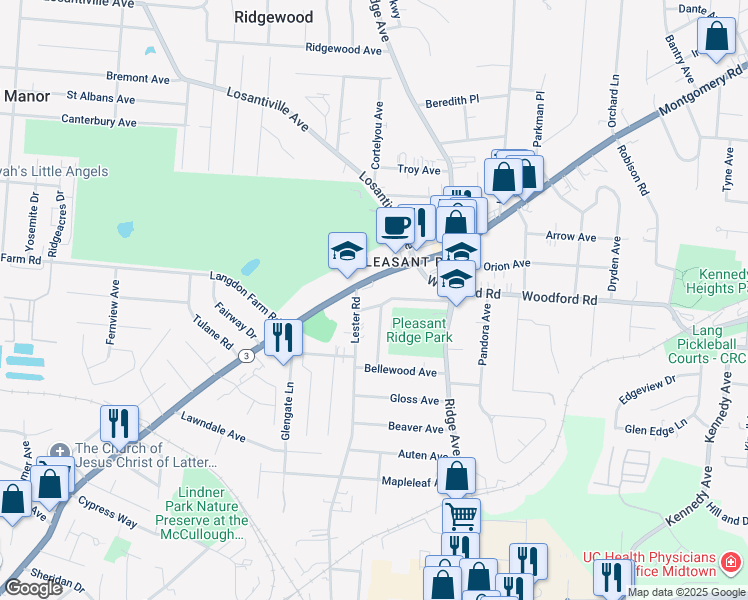 map of restaurants, bars, coffee shops, grocery stores, and more near 5949 Beacraft Avenue in Cincinnati